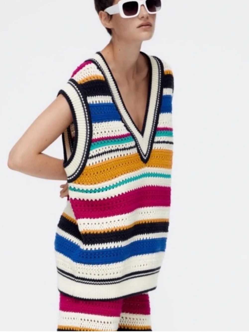 NWT Zara Multicolored Striped V-Neck Oversized Sleeveless Knit Vest